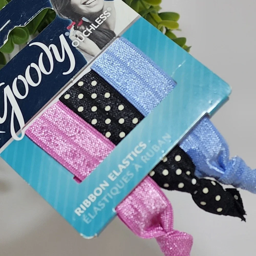 Goody Ouchless Ponytailers Ribbon Elastic Hair Tie 3 PCS Polka Black Blue Pink